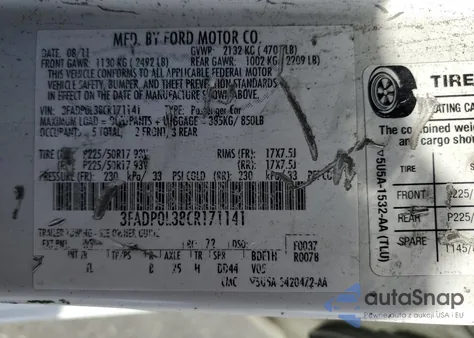 2012 Ford Fusion Hybrid z USA, uszkodzony, nr VIN 3FADP0L38CR171141